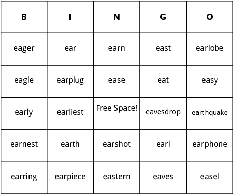 -ea- words bingo