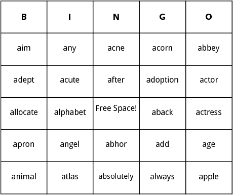 a words bingo
