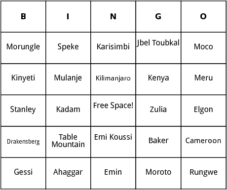 african mountains bingo