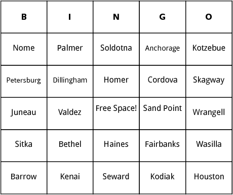 alaskan cities bingo