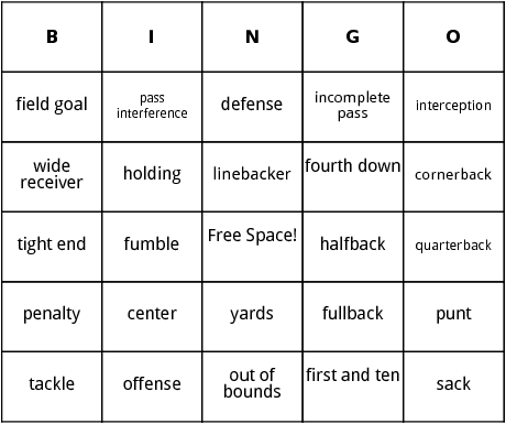 american football bingo