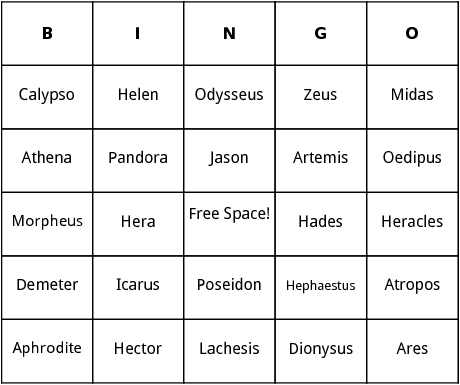 ancient greek mythology bingo