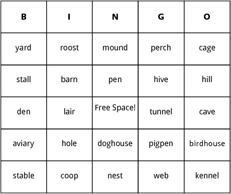 animal dwellings bingo