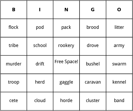 animal groups bingo