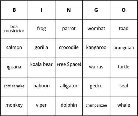 animals with backbones bingo
