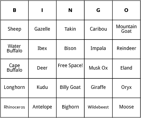 animals with horns bingo