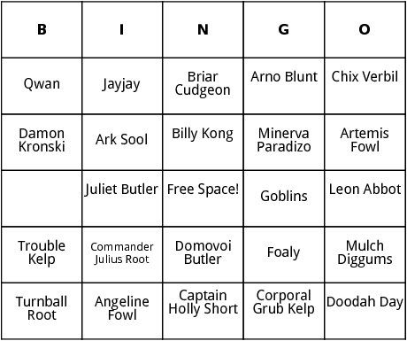 artemis fowl characters bingo