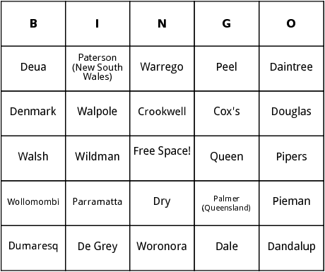 austrailan rivers bingo