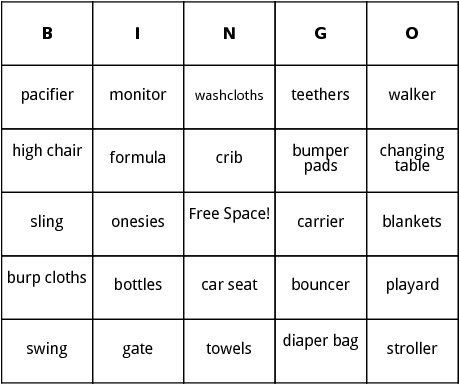 Baby Products Bingo by Bingo Card Template