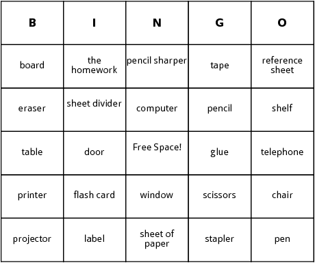 back to school objects bingo