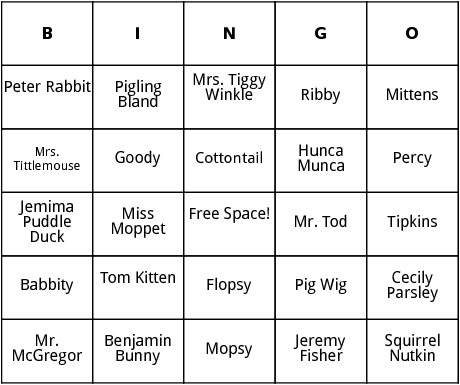 beatrix potters characters bingo