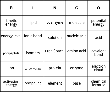 biology vocabulary bingo