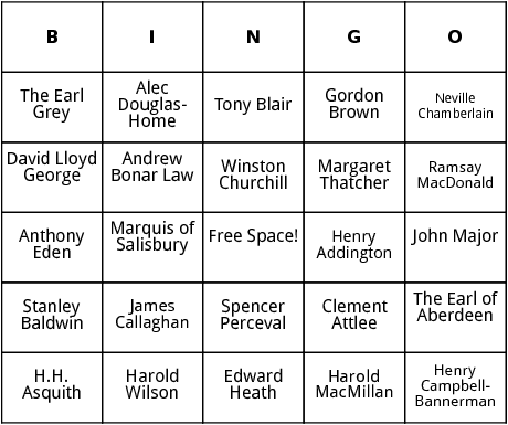 bristish prime ministers bingo