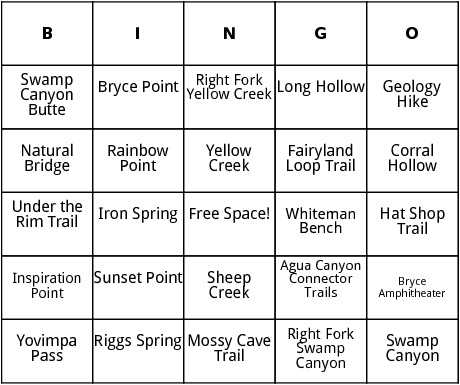 bryce canyon bingo