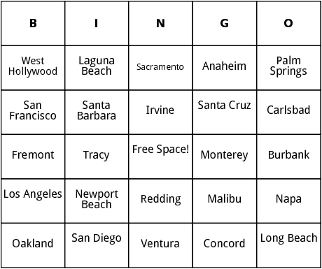 california cities bingo