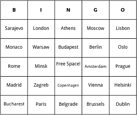 capitals of europe bingo