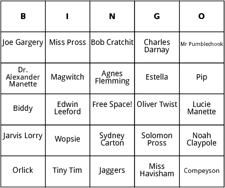 charles dickens characters bingo