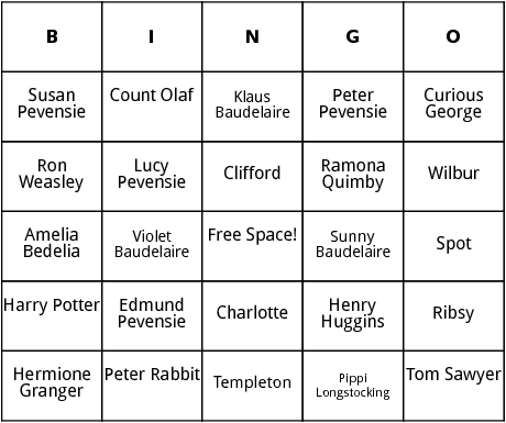 childrens literature characters bingo