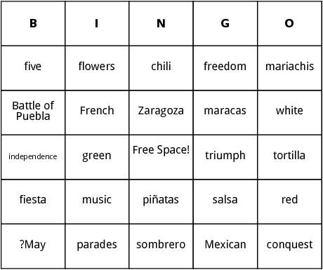 cinco de mayo - mexican ethnic holiday bingo