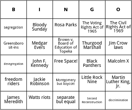 civil rights movement bingo 