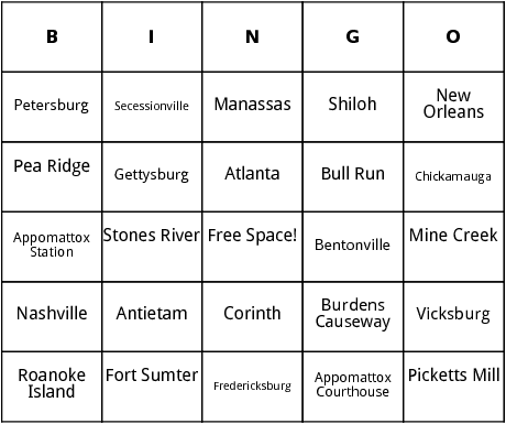 civil war battles bingo 