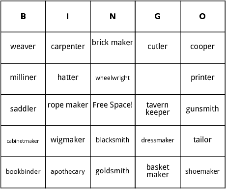 colonial williamsburg occupations bingo