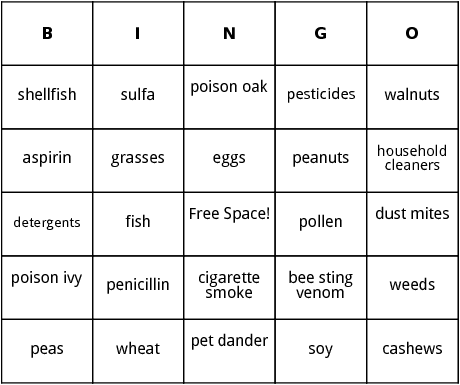 common allergens bingo
