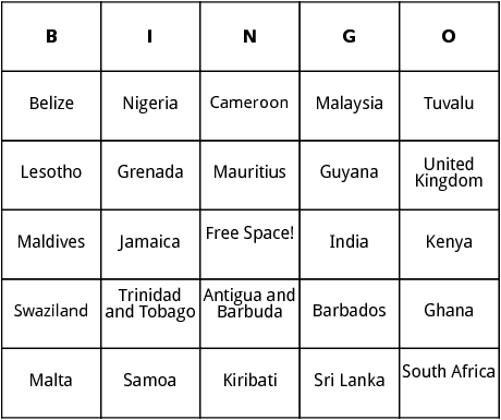 commonwealth of nations bingo 