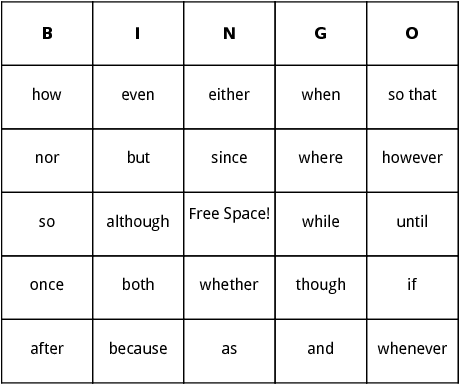 conjunctions bingo