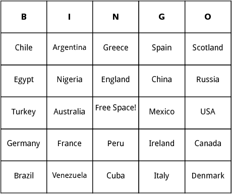 countries bingo