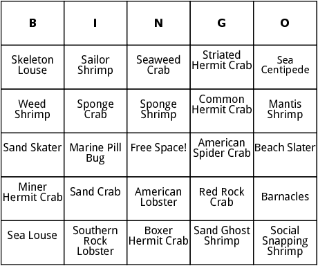 crustaceans bingo