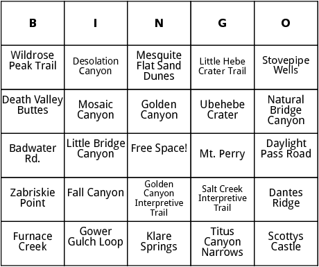 death valley national park bingo