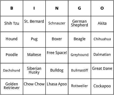 dog breeds bingo