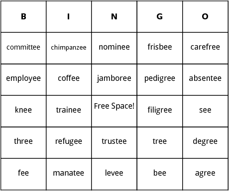 double e word endings bingo