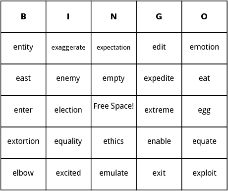 e words bingo