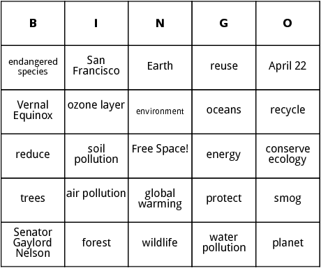 earth day bingo cards