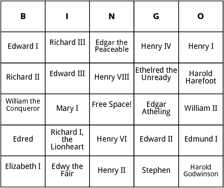 english monarchs bingo