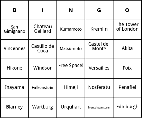 famous castles bingo