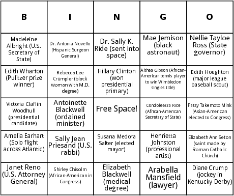 famous firsts by american women bingo card