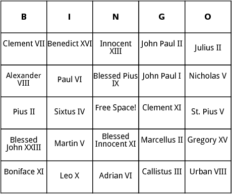 famous popes bingo