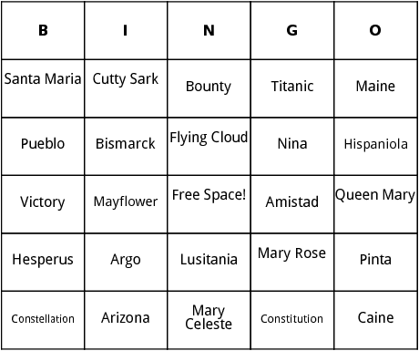 famous ships bingo