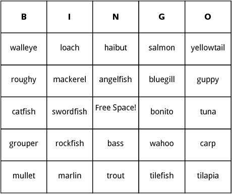 fish types bingo 