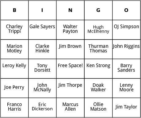 football hall of fame bingo