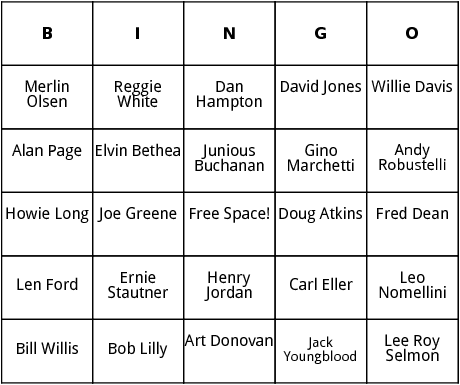 football hall of fame defense bingo