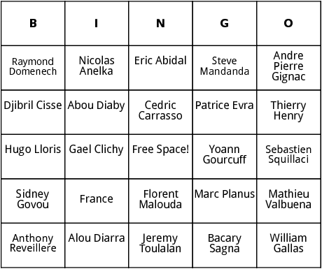 french world cup players bingo