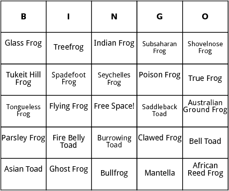 frogs and toads bingo