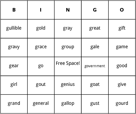 g words bingo