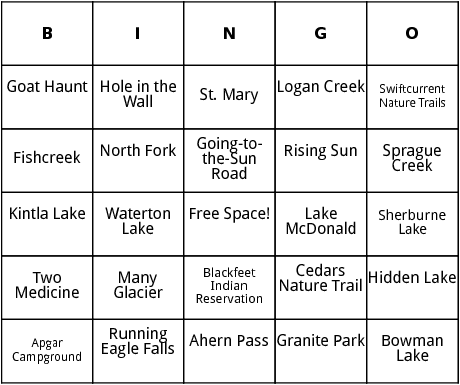 glacier national park bingo