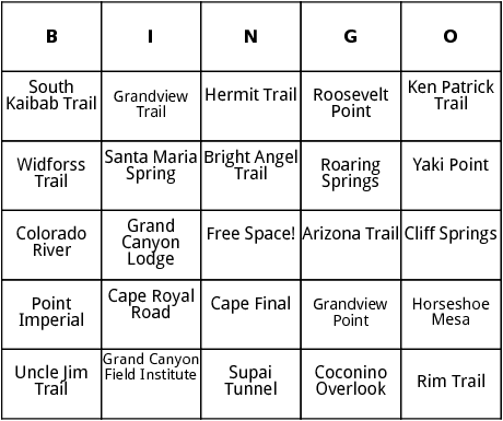 grand canyon national park bingo