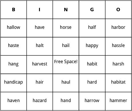 h word bingo